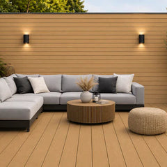Oak composite decking boards installed on a patio outdoor space by Solid Furniture UK