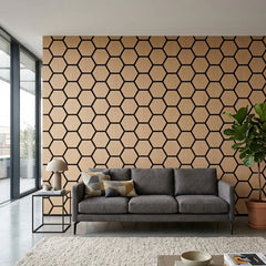 Premium Oak hexagon acoustic wall panels installed on a living room wall, featuring geometric design, sound-absorbing felt backing, and natural oak finish, enhancing both style and acoustic comfort. solid furniture UK
