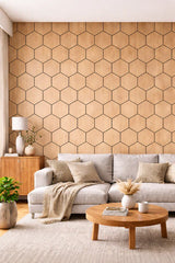 Oak hexagon acoustic wall panels with natural wood finish installed in a modern interior to reduce echo and enhance wall décor. solid furniture UK