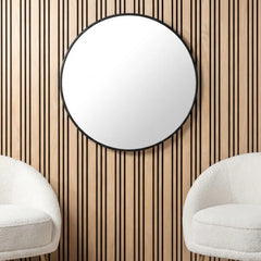 Oak slatted acoustic wall panel installed in modern living room with sound absorbing felt backing solid furniture UK