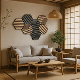 Oak wall hanging acoustic panels installed in living room by Solid Furniture UK