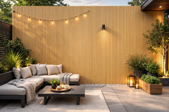 Oak WPC outdoor wall panels 180cm and 290cm installed on exterior wall in the UK by Solid Furniture LTD, ideal for gardens, patios, balconies, and feature walls