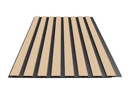 Oak-effect WPC slatted wall panels with black backing for modern interiors Solid Furniture UK