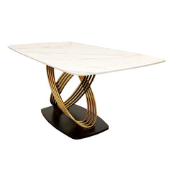 Orion Gold 1.8 dining table from Solid Furniture UK main view with Polar White sintered stone top and modern black and gold base design