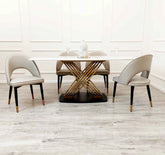Orion Gold 1.8m dining table with Astra beige velvet dining chairs main view at Solid Furniture UK