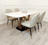 Orion Gold 1.8m dining table with Etta beige leather dining chairs main view at Solid Furniture UK