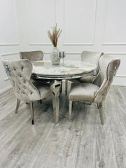 1.3m round Pandora Louis dining set with grey Valentino velvet chairs by Solid Furniture UK