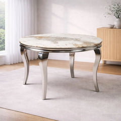 1.3m round Pandora Louis marble-effect dining table main view with stylish grey base by Solid Furniture UK