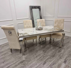 Pandora Louis Marble dining table with Mink Sofia velvet chairs main view by Solid Furniture UK