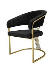 Side angle view of the Porado Black and Gold dining chair featuring premium Leathaire upholstery, a gold stainless steel frame, and contemporary luxury styling for modern dining rooms in the UK.
