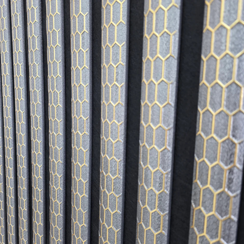 Premium quartz print grey acoustic wall panel 60x240cm with luxury 3D gold line design and modern slatted finish main product view. solid furniture UK