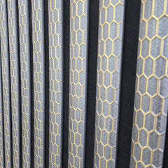 Premium quartz print grey acoustic wall panel 60x240cm with luxury 3D gold line design and modern slatted finish main product view. solid furniture UK