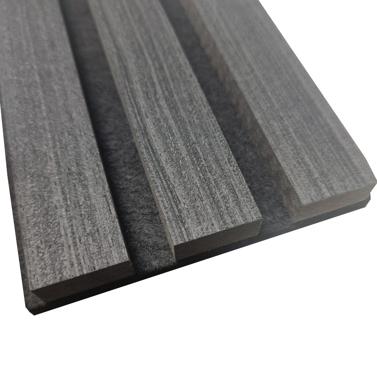 Close-up view of Real Wood Charcoal 60x240cm acoustic slatted wall panel by Solid Furniture UK showing natural wood grain and slat texture detail