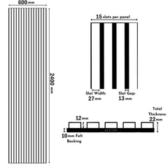 Technical dimension diagram of Real Wood Charcoal 60x240cm wall panel by Solid Furniture UK showing size, slat width, spacing, and panel depth