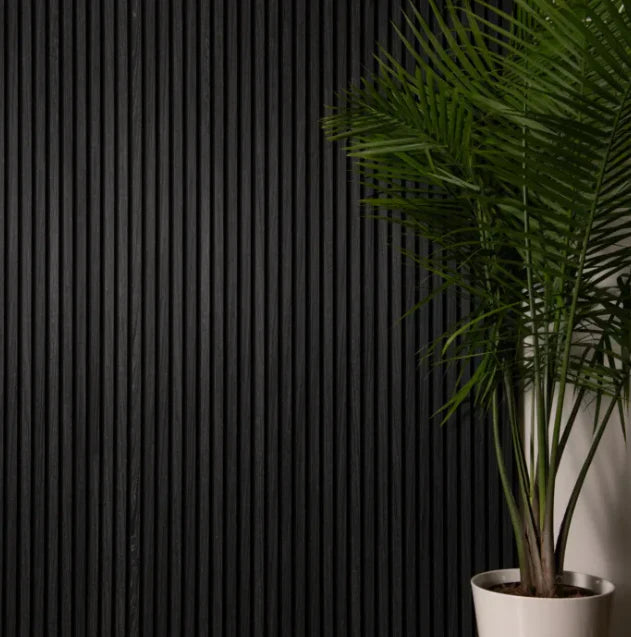 Real Wood Charcoal 60x240cm acoustic wall panels by Solid Furniture UK installed on feature wall creating a modern dark textured interior finish