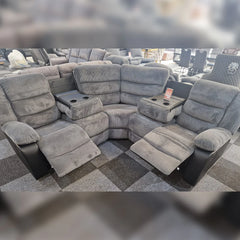 Front view of Rio cord grey fabric recliner corner sofa showing spacious seating and soft cushions solid furniture UK