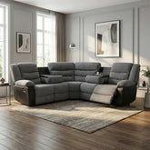 Rio cord grey fabric recliner corner sofa main view in modern living room setting solid furniture UK