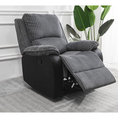 Rio cord fabric single recliner chair fully reclined showing extended footrest and comfort position solid furniture UK