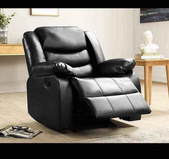 Front view of Roma black leather recliner single chair with padded armrests and sleek design SOLID FURNITURE LTD