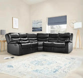 Roma black leather recliner corner sofa front view showing spacious 5 seater design solid furniture UK