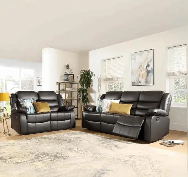 Roma brown leather recliner sofa main view showing full 3+2 seater set in living room SOLID FURNITURE LTD