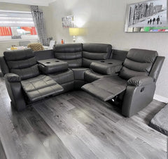 Roma dark grey leather recliner corner sofa main view with elegant 5 seater design solid furniture UK