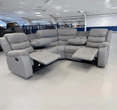 Roma light grey leather recliner corner sofa main view showing spacious 5 seater design solid furniture UK