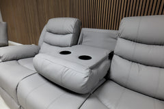 Roma light grey recliner sofa console view showing cup holders and storage features solid furniture UK