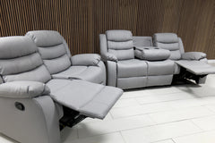 Side view of Roma light grey recliner sofa showing structure and reclining function solid furniture UK