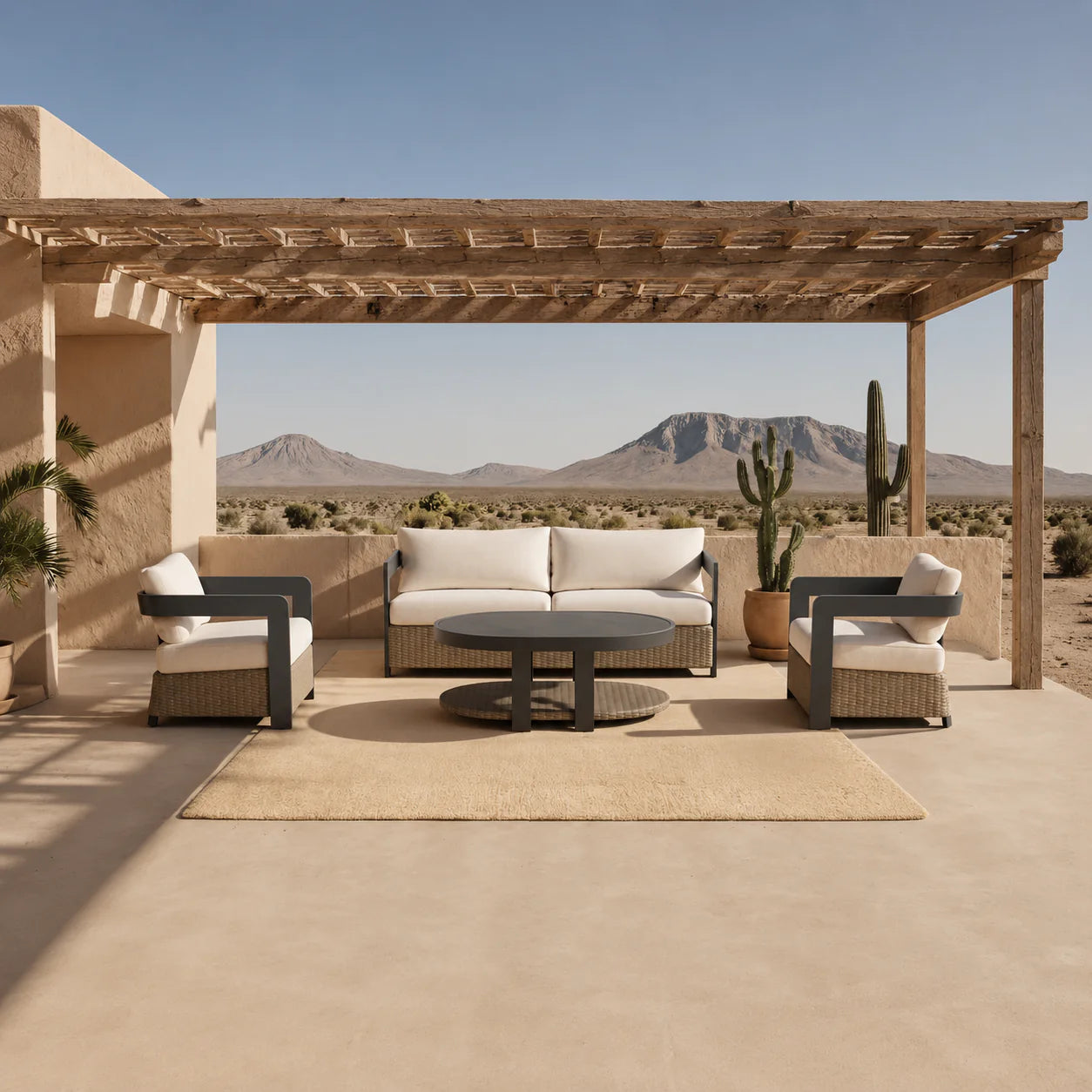 Selene wicker 5 seater outdoor garden lounge set with grey aluminium frame, placed in a scenic garden setting with beautiful mountain view in the background and modern patio design solid furniture UK