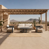 Selene wicker 5 seater outdoor garden lounge set with grey aluminium frame, placed in a scenic garden setting with beautiful mountain view in the background and modern patio design solid furniture UK
