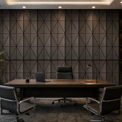 Modern office feature wall finished with pack of 4 120x30cm self-adhesive acoustic wall panels solid furniture uk