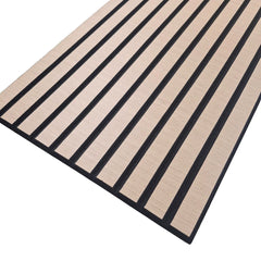 Slatted acoustic wall panel in premium oak finish featuring natural wood grain design for modern interior walls by solid furniture UK