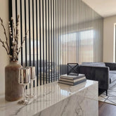 Shiny silver acoustic wall panels 60x240 by Solid Furniture UK full front view showing slim slatted design and sleek reflective finish