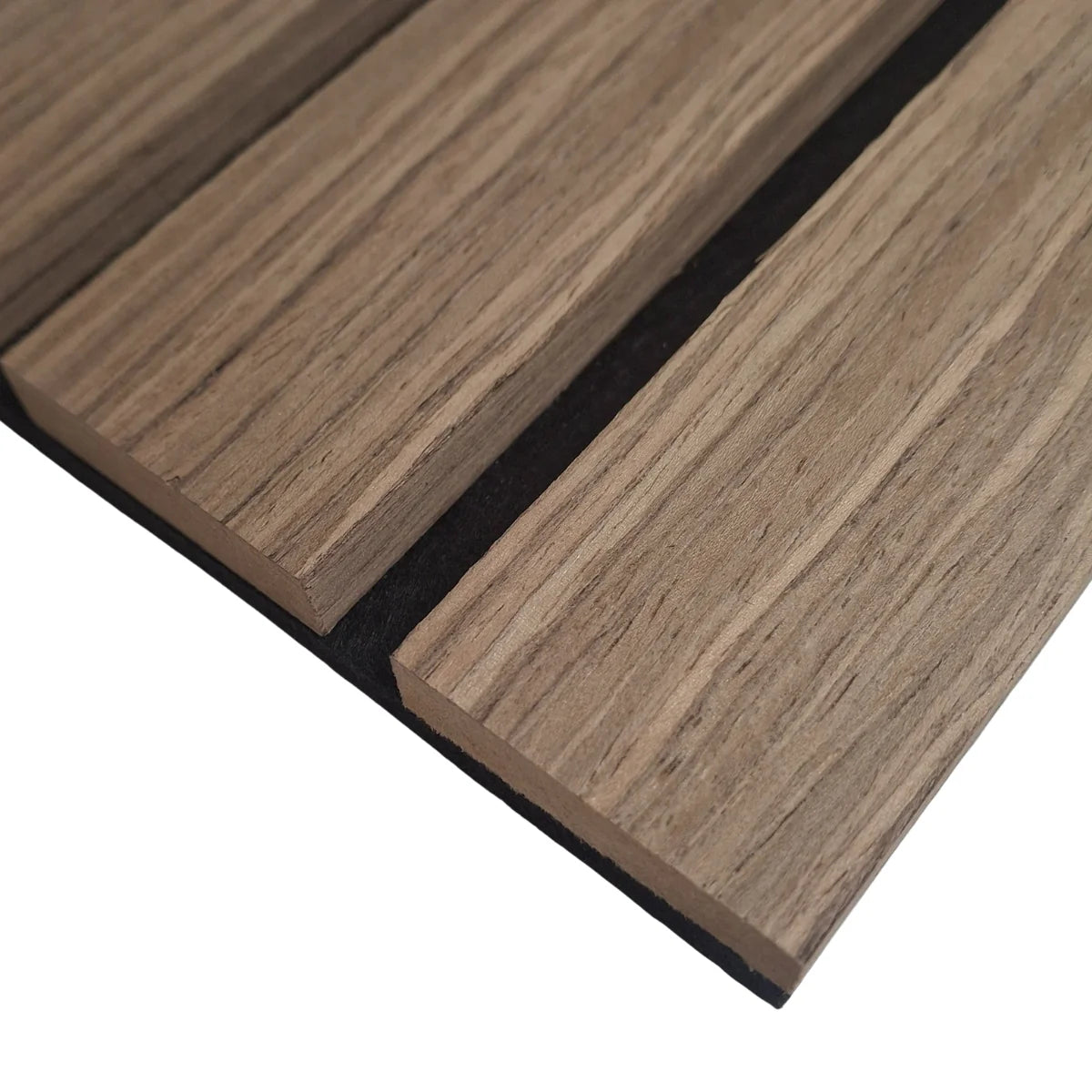 Close-up view of wide slat 3-sided wood veneer acoustic wall panel in premium walnut finish highlighting detailed texture and contemporary slat design solid furniture UK