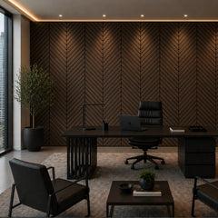 120cm x 30cm Smoked Oak herringbone acoustic wall panel natural wood grain veneer acoustic backing pack of 4 solid furniture UK installed in office