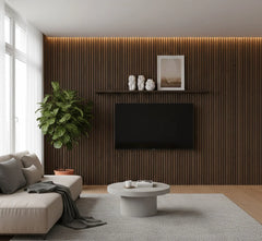Smoked Oak acoustic slatted wall panels installed in a modern living room, showcasing a sleek dark wood finish with sound-absorbing design. solid furniture UK