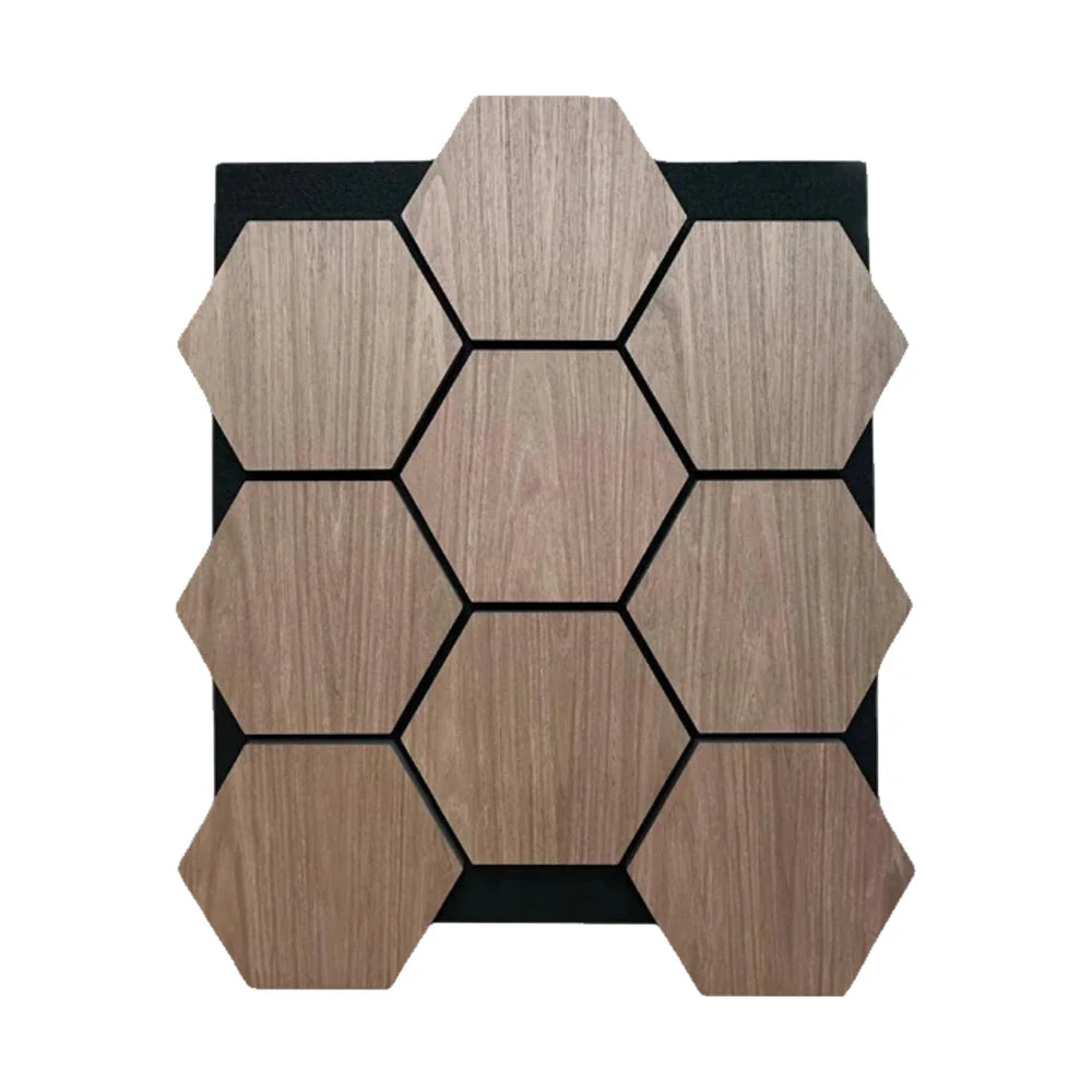 Smoked Oak Hexagon Acoustic Wall Panels installed in a modern living room. solid furniture UK