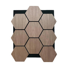 Smoked Oak Hexagon Acoustic Wall Panels installed in a modern living room. solid furniture UK