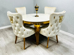 1.3m round Sofia Gold Marble Dining Table in cream finish with upholstered dining chairs set in modern dining room solid furniture UK