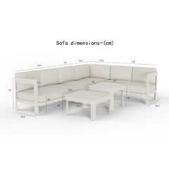 Dimension guide of Sofia 8 seater corner lounge set showing measurements for UK garden spaces from Solid Furniture UK