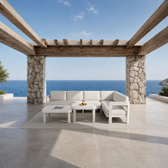 Sofia 8 seater corner lounge set styled in a modern UK garden patio setting from Solid Furniture UK