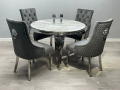 Sofia 1.3m round grey marble dining table with luxury grey base in dining space solid furniture UK