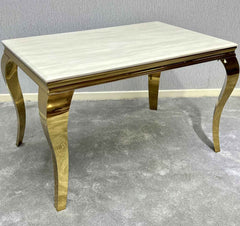 Sofia Gold Marble rectangular dining table main view with luxury gold base in modern dining room solid furniture UK