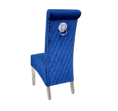 Sofia velvet dining chair in navy velvet with lion knocker and chrome legs UK set of 2 by Solid Furniture UK