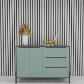 Solid Furniture UK elegant grey acoustic slatted wall panels installed in drawing room creating stylish modern feature wall with acoustic benefits
