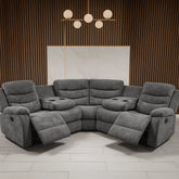 Sorrento grey fabric recliner corner sofa main view in modern living room setting solid furniture UK
