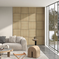 3D decorative oak acoustic wall panels 60x60cm by Solid Furniture UK in a bright daylight interior highlighting natural wood texture and modern home or office design