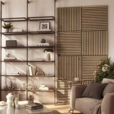 3D decorative acoustic oak wood wall panels 60x60cm by Solid Furniture UK installed in a modern room creating a stylish feature wall while reducing noise and enhancing sound quality