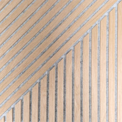 Full view of square 600x600mm acoustic wall panel by Solid Furniture UK in oak on grey felt designed for UK interiors with mixed slat pattern